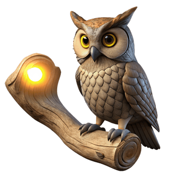 dramatic rustic A wise old owl perched on an ancient, gnarled oak branch, illuminated by a single spotlight, Rembrandt lighting, photorealistic high resolution png