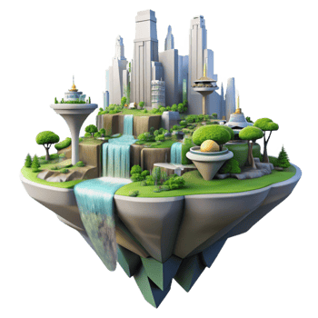 extraordinary classic Floating island city, futuristic architecture, waterfalls cascading down, lush vegetation, utopian atmosphere high quality png