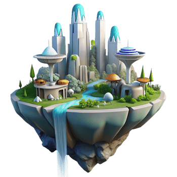 extraordinary vintage Floating island city, futuristic architecture, waterfalls cascading down, lush vegetation, utopian atmosphere exclusive png