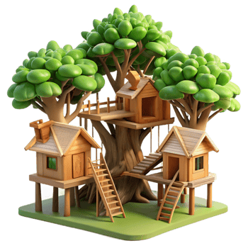 elegant artistic Treehouse village, interconnected wooden structures, lush foliage, dappled sunlight, whimsical atmosphere original png
