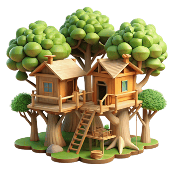 elegant contemporary Treehouse village, interconnected wooden structures, lush foliage, dappled sunlight, whimsical atmosphere exclusive png