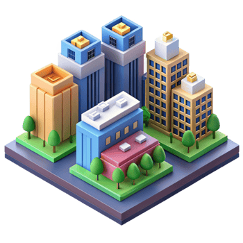 elegant contemporary Isometric city block, pixel art style, vibrant colors, retro aesthetic, detailed buildings original png