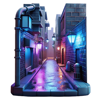 stunning rustic Cyberpunk alleyway, neon signs, holographic projections, gritty textures, rainy night high quality png