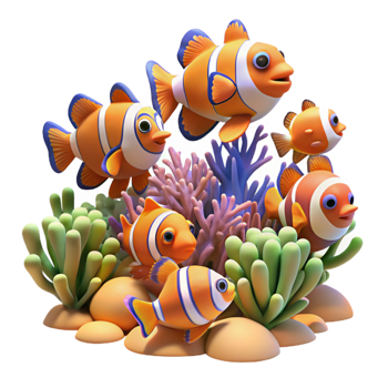 dramatic contemporary A school of vibrant clownfish swimming amongst coral reefs, underwater scene, bright colors, Pixar style high quality png