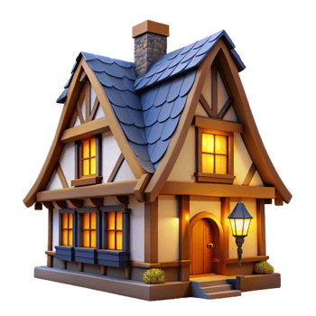beautiful abstract Tudor style cottage, thatched roof, half-timbered walls, cozy interior, warm lighting 4K png