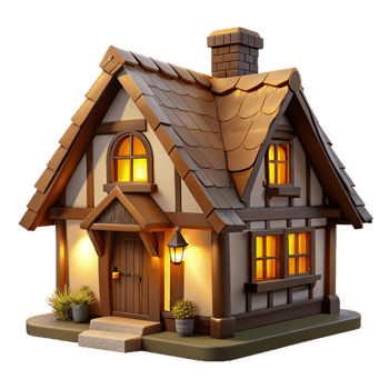 magnificent minimalist Tudor style cottage, thatched roof, half-timbered walls, cozy interior, warm lighting genuine png