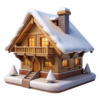stunning rustic Swiss chalet, wooden beams, sloped roof, snow-covered landscape, cozy atmosphere high quality png