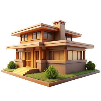 elegant artistic Frank Lloyd Wright style house, prairie architecture, horizontal lines, natural materials, integrated with nature premium png