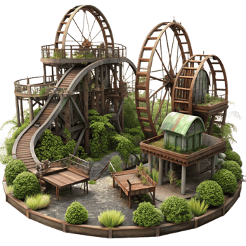 extraordinary vintage Abandoned amusement park, rusty roller coasters, overgrown vegetation, eerie atmosphere premium png