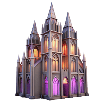 stunning modern A towering Gothic skyscraper, intricate gargoyles and stained glass windows, illuminated by a soft purple sunset, hyperrealistic, original png