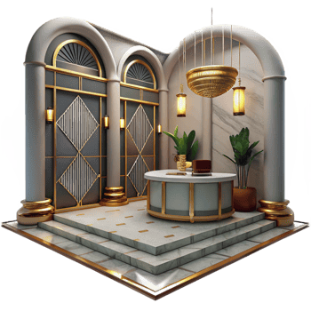 impressive contemporary Art deco hotel lobby, marble floors and geometric patterns, warm incandescent lighting, cinematic, high resolution png