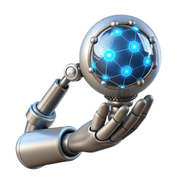 magnificent classic A chrome robotic arm delicately holding a glowing orb of data, intricate wires exposed, studio lighting, cyberpunk style detailed png