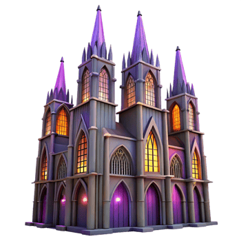 magnificent rustic A towering Gothic skyscraper, intricate gargoyles and stained glass windows, illuminated by a soft purple sunset, hyperrealistic, high resolution png