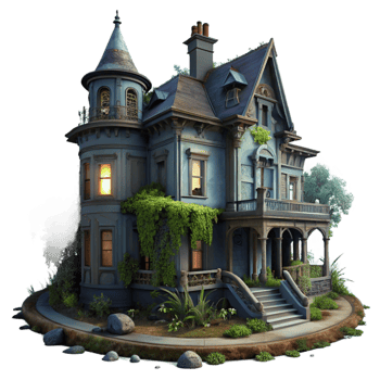 wonderful rustic An abandoned Victorian mansion overgrown with ivy, dim moonlight, eerie and mysterious, digital painting, exclusive png
