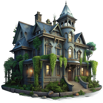 beautiful abstract An abandoned Victorian mansion overgrown with ivy, dim moonlight, eerie and mysterious, digital painting, high resolution png