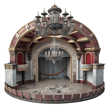 vibrant artistic A dilapidated Art Nouveau theater, faded frescoes and broken chandeliers, melancholic, vintage photograph, premium png
