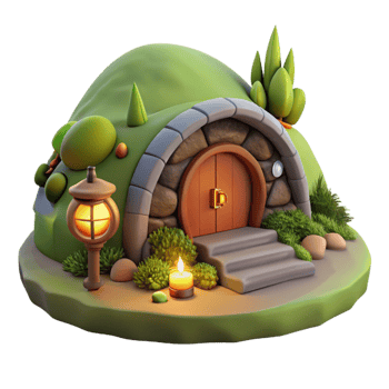 dramatic modern A cozy hobbit hole built into a hillside, warm firelight, whimsical, digital painting, professional png