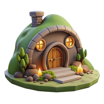 stunning vintage A cozy hobbit hole built into a hillside, warm firelight, whimsical, digital painting, high resolution png