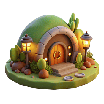 dramatic modern A cozy hobbit hole built into a hillside, warm firelight, whimsical, digital painting, premium png