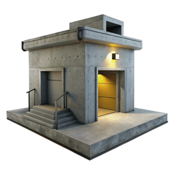stunning minimalist A minimalist concrete bunker with a single entrance, harsh overhead lighting, brutalist, 4K png