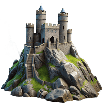 dramatic modern A crumbling medieval castle on a rocky cliff, stormy sky, dramatic, digital painting, high resolution png