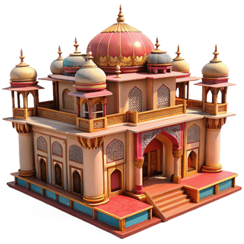 elegant minimalist An intricate Indian palace with ornate carvings and colorful textiles, warm sunlight, opulent, high resolution png