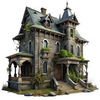 magnificent modern A dilapidated Victorian mansion, overgrown with ivy, chipped paint, broken windows, dim moonlight, eerie atmosphere, gothic style detailed png