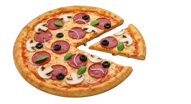 A pizza with pepperoni, mushrooms and olives png