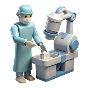 extraordinary minimalist A robotic surgeon performing a delicate operation, sterile white lighting, medical illustration style high quality png