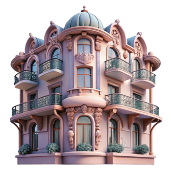 magnificent vintage An Art Nouveau apartment building, intricate floral designs, wrought iron balconies, soft pastel colors, early morning light high resolution png