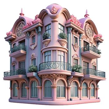 impressive abstract An Art Nouveau apartment building, intricate floral designs, wrought iron balconies, soft pastel colors, early morning light genuine png