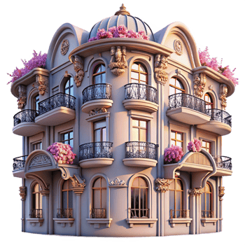 serene modern An Art Nouveau apartment building, intricate floral designs, wrought iron balconies, soft pastel colors, early morning light professional png