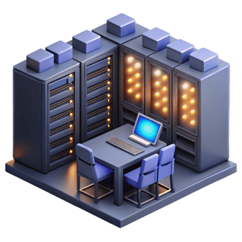 stunning traditional A server room filled with blinking lights and humming computers, low-key lighting, technical illustration style professional png