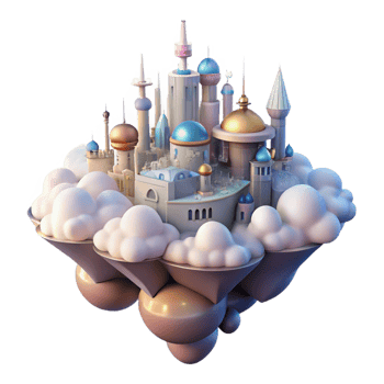 dramatic modern A floating city in the clouds, ethereal architecture, soft glowing light, dreamlike atmosphere high quality png