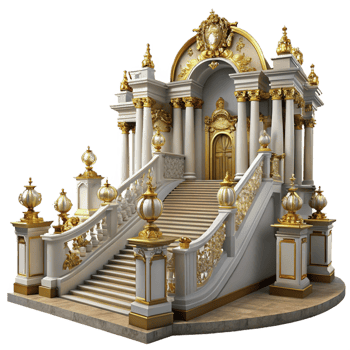 impressive minimalist A baroque palace, ornate gold decorations, marble statues, grand staircase, opulent style, bright interior lighting high resolution png