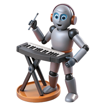 serene minimalist A humanoid robot playing a musical instrument, soft stage lighting, expressive pose 4K png