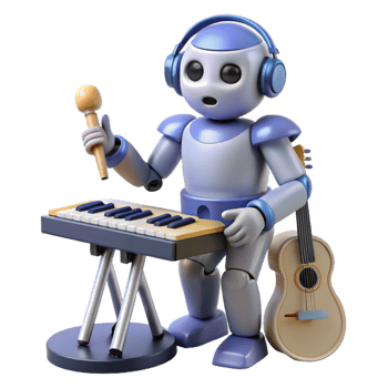 impressive minimalist A humanoid robot playing a musical instrument, soft stage lighting, expressive pose premium png