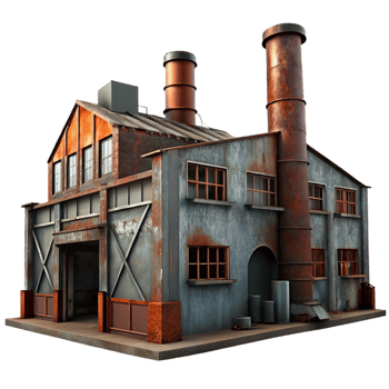 vibrant artistic An abandoned industrial factory, rusted metal, broken windows, dim lighting, urban decay detailed png