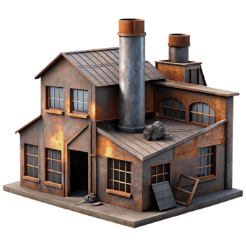elegant rustic An abandoned industrial factory, rusted metal, broken windows, dim lighting, urban decay high quality png