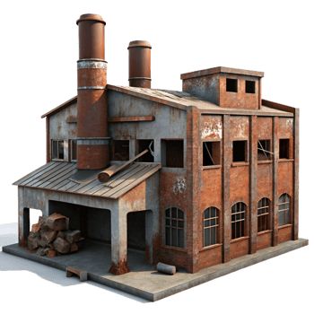 magnificent rustic An abandoned industrial factory, rusted metal, broken windows, dim lighting, urban decay high quality png