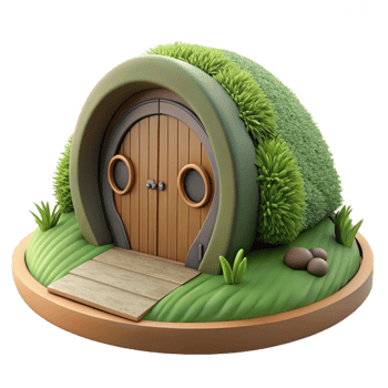 stunning classic A hobbit hole, nestled in a hillside, round wooden door, lush green grass, idyllic setting detailed png