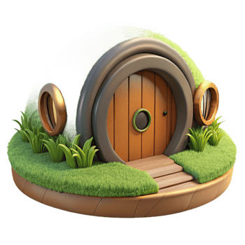 magnificent rustic A hobbit hole, nestled in a hillside, round wooden door, lush green grass, idyllic setting premium png