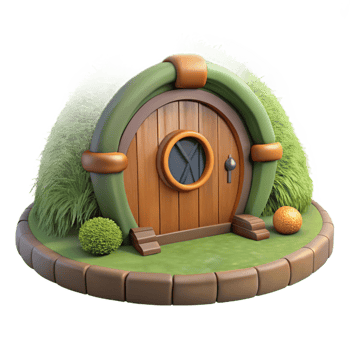wonderful artistic A hobbit hole, nestled in a hillside, round wooden door, lush green grass, idyllic setting high quality png