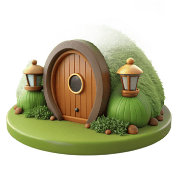 extraordinary creative A hobbit hole, nestled in a hillside, round wooden door, lush green grass, idyllic setting 4K png
