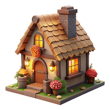dramatic traditional A traditional thatched roof cottage, stone walls, climbing roses, cozy interior, warm firelight detailed png