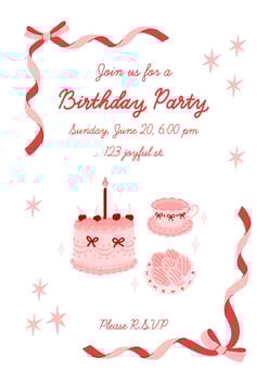 Birthday party invitation template with sample text. Coquette aesthetic. Whimsical elements cake with cherry berry, bow, candle, cup of tea, stars. Border with ribbon bows vector