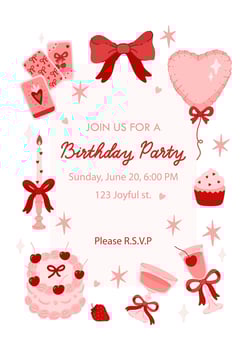 Birthday party invitation template with sample text. Coquette aesthetic. Whimsical elements heart balloon, cake, bow, drinks, candle, cupcake, strawberry, stars. illustration vector
