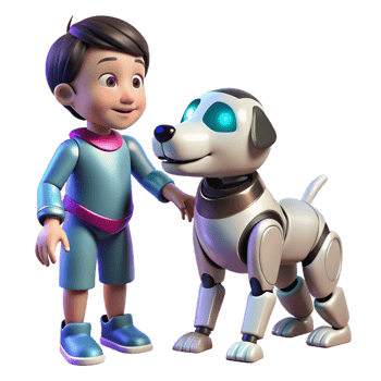 magnificent artistic A robotic dog interacting with a child, playful scene, bright lighting genuine png