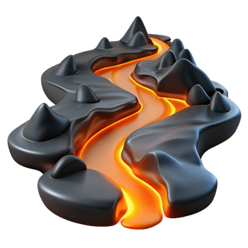 serene contemporary A winding river of molten lava flowing through a black, volcanic landscape, lit by the fiery glow of the lava, in a surreal, abstract style high resolution png