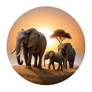 vibrant rustic A family of elephants crossing a dusty savanna, silhouetted against the setting sun, captured in a cinematic style with warm tones and dramatic lighting high quality png